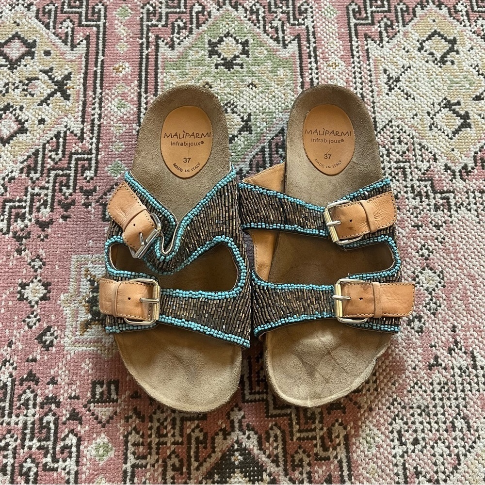 Maliparmi Blue and Tan Sandals with Cork Footbed